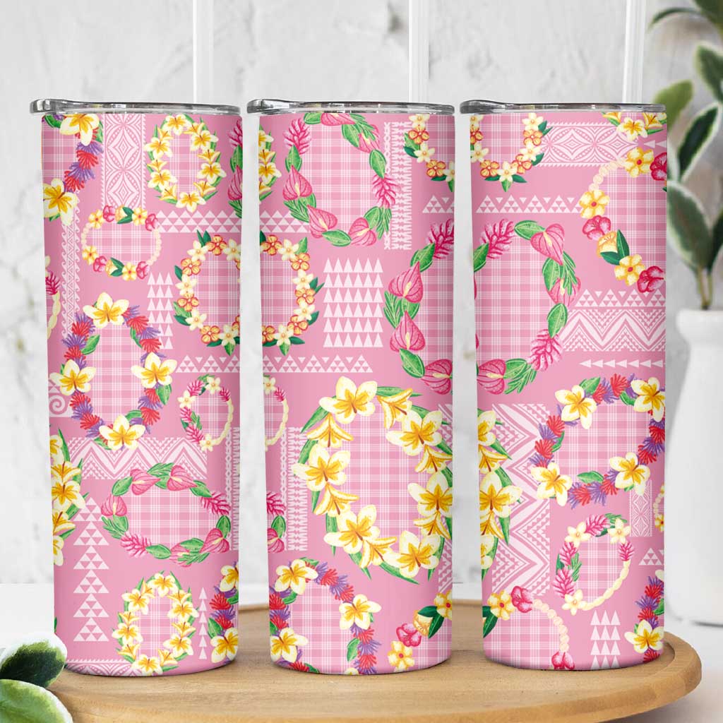 Hawaiian Leis Skinny Tumbler Kakau Tattoos and Palaka Pastel Pink Color