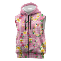 Hawaiian Leis Sleeveless Zip Hoodie Kakau Tattoos and Palaka Pastel Pink Color