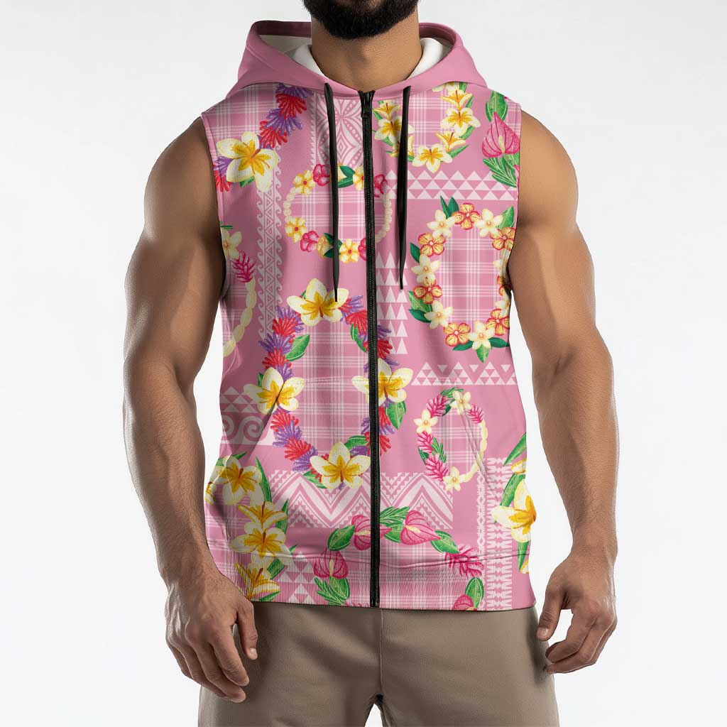 Hawaiian Leis Sleeveless Zip Hoodie Kakau Tattoos and Palaka Pastel Pink Color
