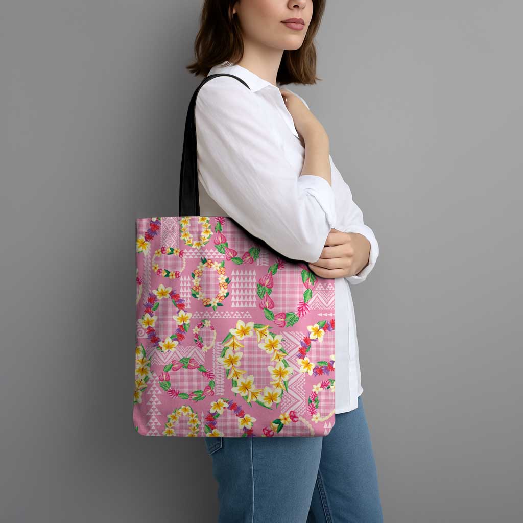 Hawaiian Leis Tote Bag Kakau Tattoos and Palaka Pastel Pink Color