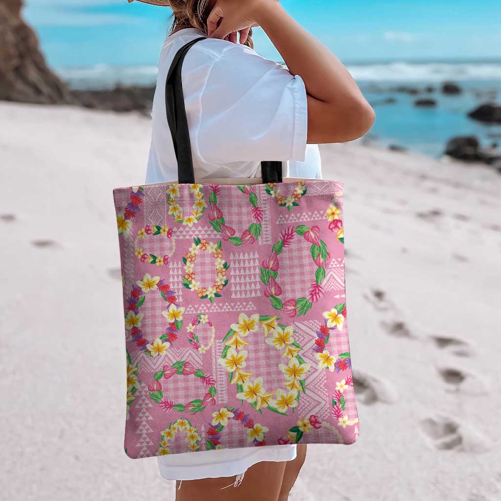 Hawaiian Leis Tote Bag Kakau Tattoos and Palaka Pastel Pink Color