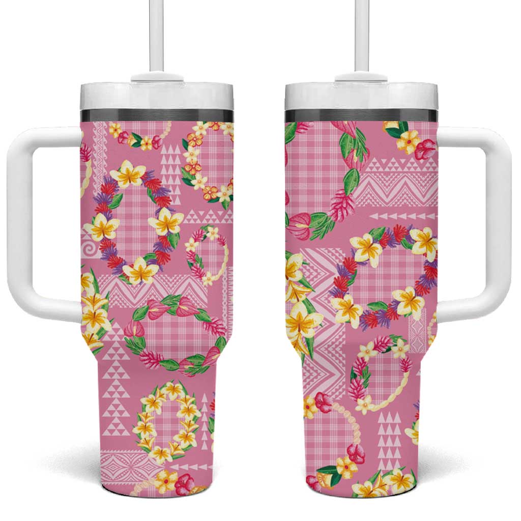 Hawaiian Leis Tumbler With Handle Kakau Tattoos and Palaka Pastel Pink Color