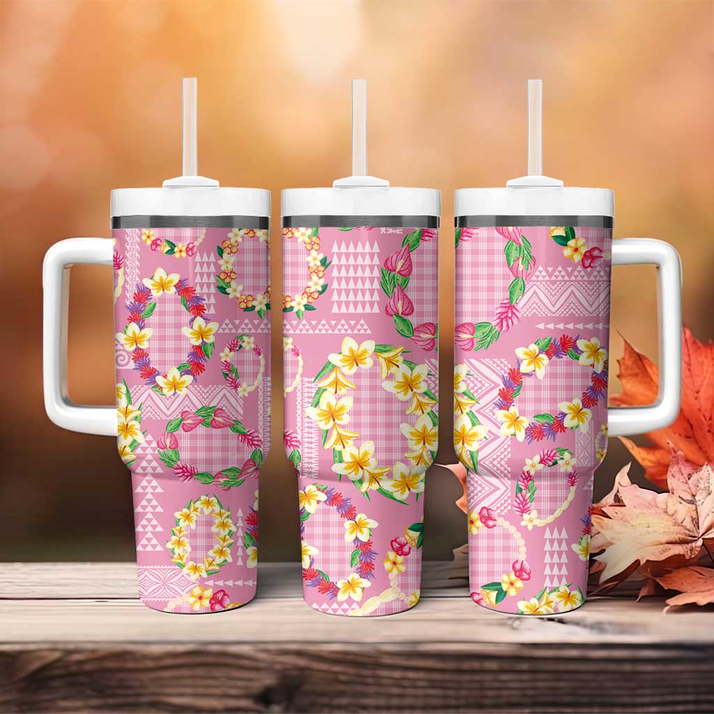 Hawaiian Leis Tumbler With Handle Kakau Tattoos and Palaka Pastel Pink Color