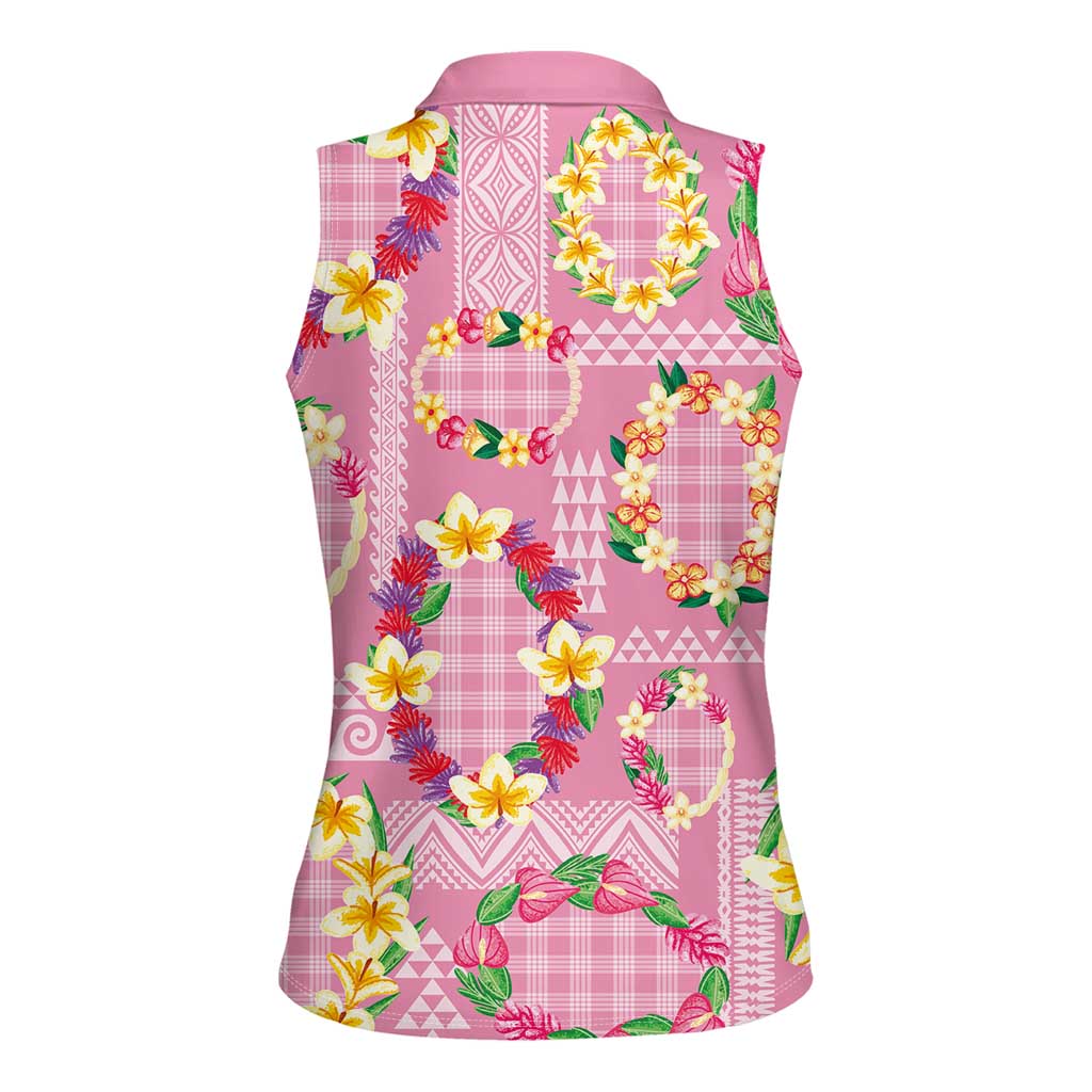 Hawaiian Leis Women Sleeveless Polo Shirt Kakau Tattoos and Palaka Pastel Pink Color