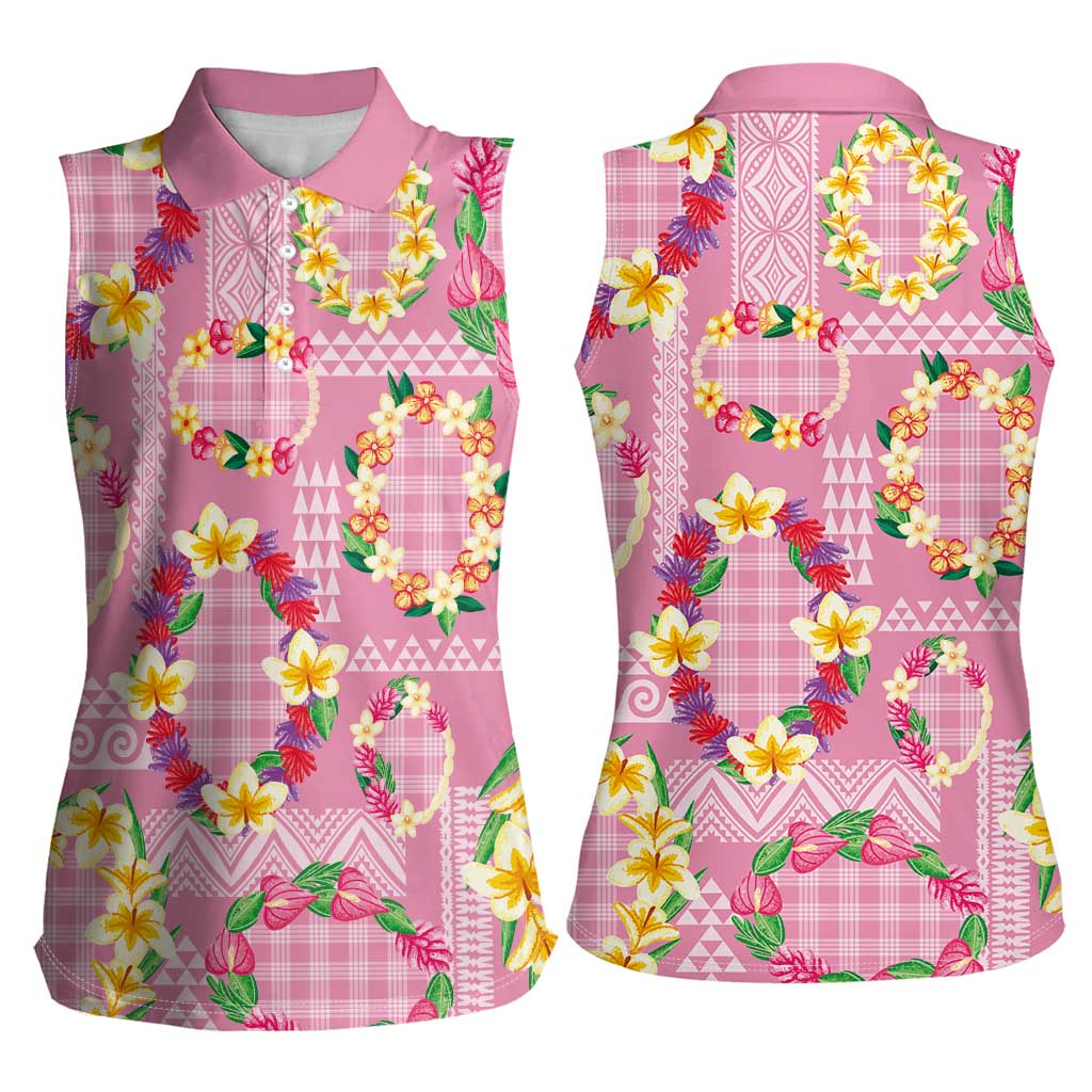 Hawaiian Leis Women Sleeveless Polo Shirt Kakau Tattoos and Palaka Pastel Pink Color