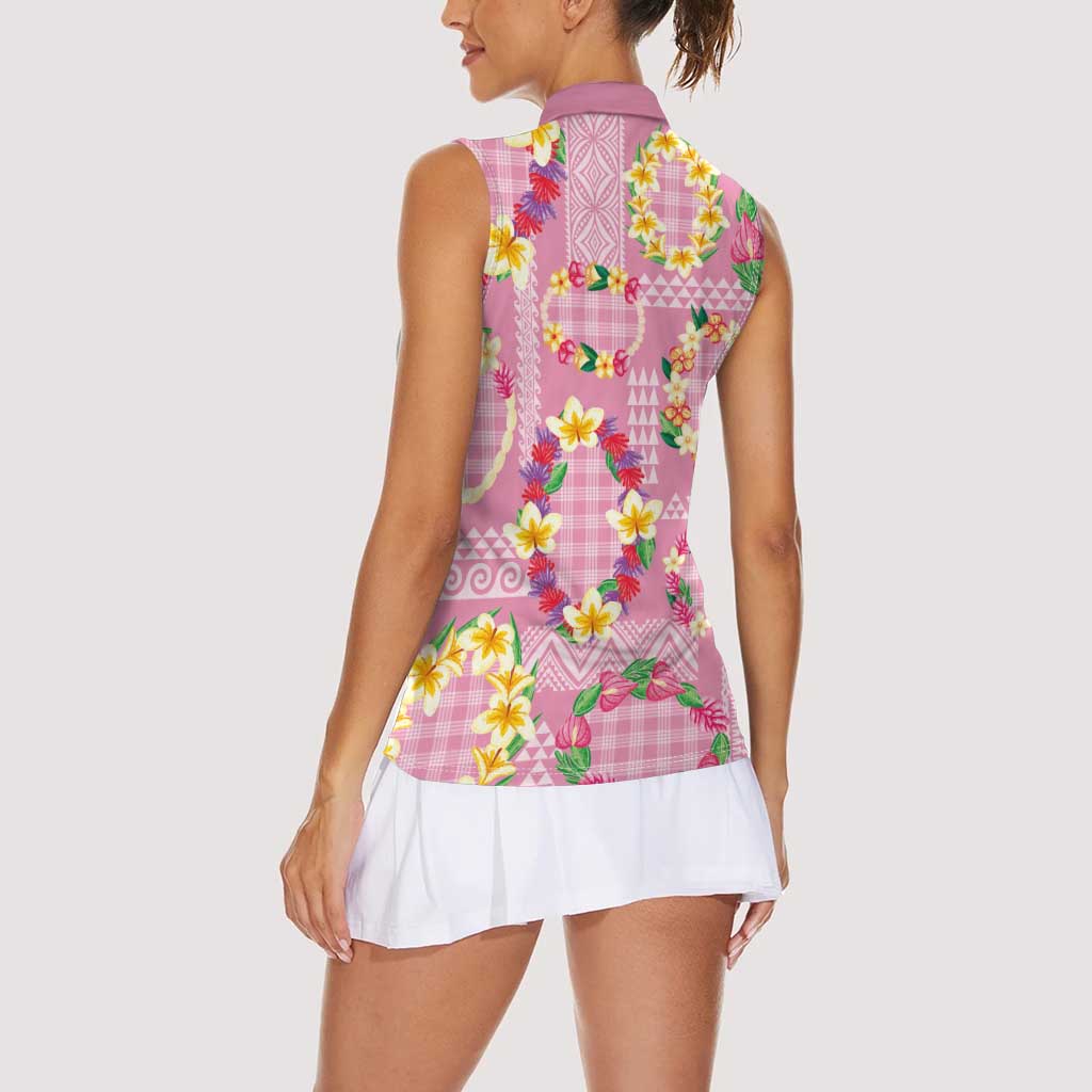 Hawaiian Leis Women Sleeveless Polo Shirt Kakau Tattoos and Palaka Pastel Pink Color