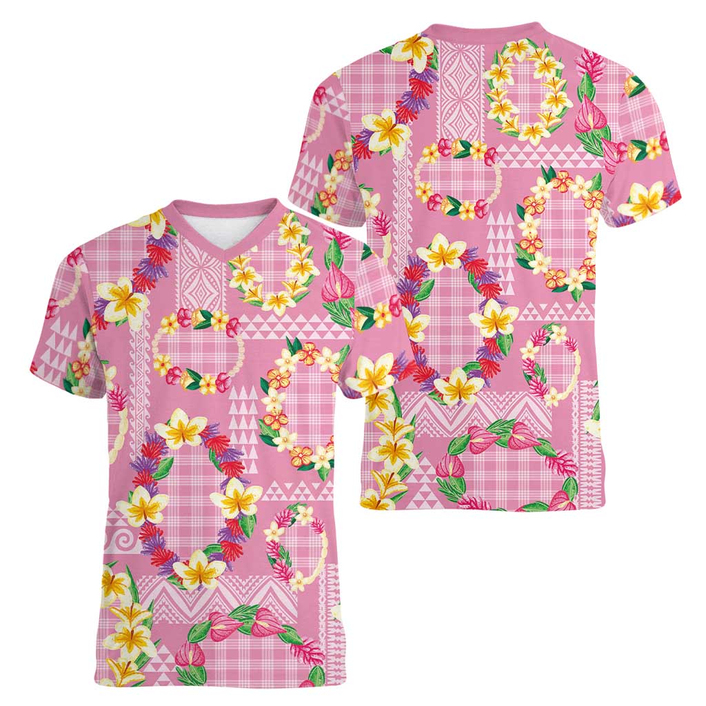 Hawaiian Leis Women V-Neck T-Shirt Kakau Tattoos and Palaka Pastel Pink Color