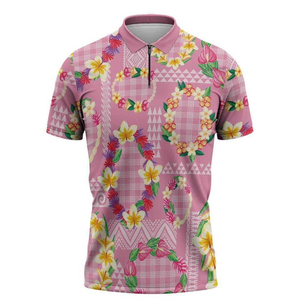 Hawaiian Leis Zipper Polo Shirt Kakau Tattoos and Palaka Pastel Pink Color