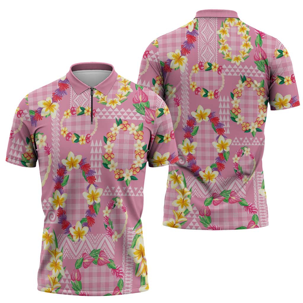 Hawaiian Leis Zipper Polo Shirt Kakau Tattoos and Palaka Pastel Pink Color