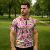 Hawaiian Leis Zipper Polo Shirt Kakau Tattoos and Palaka Pastel Pink Color