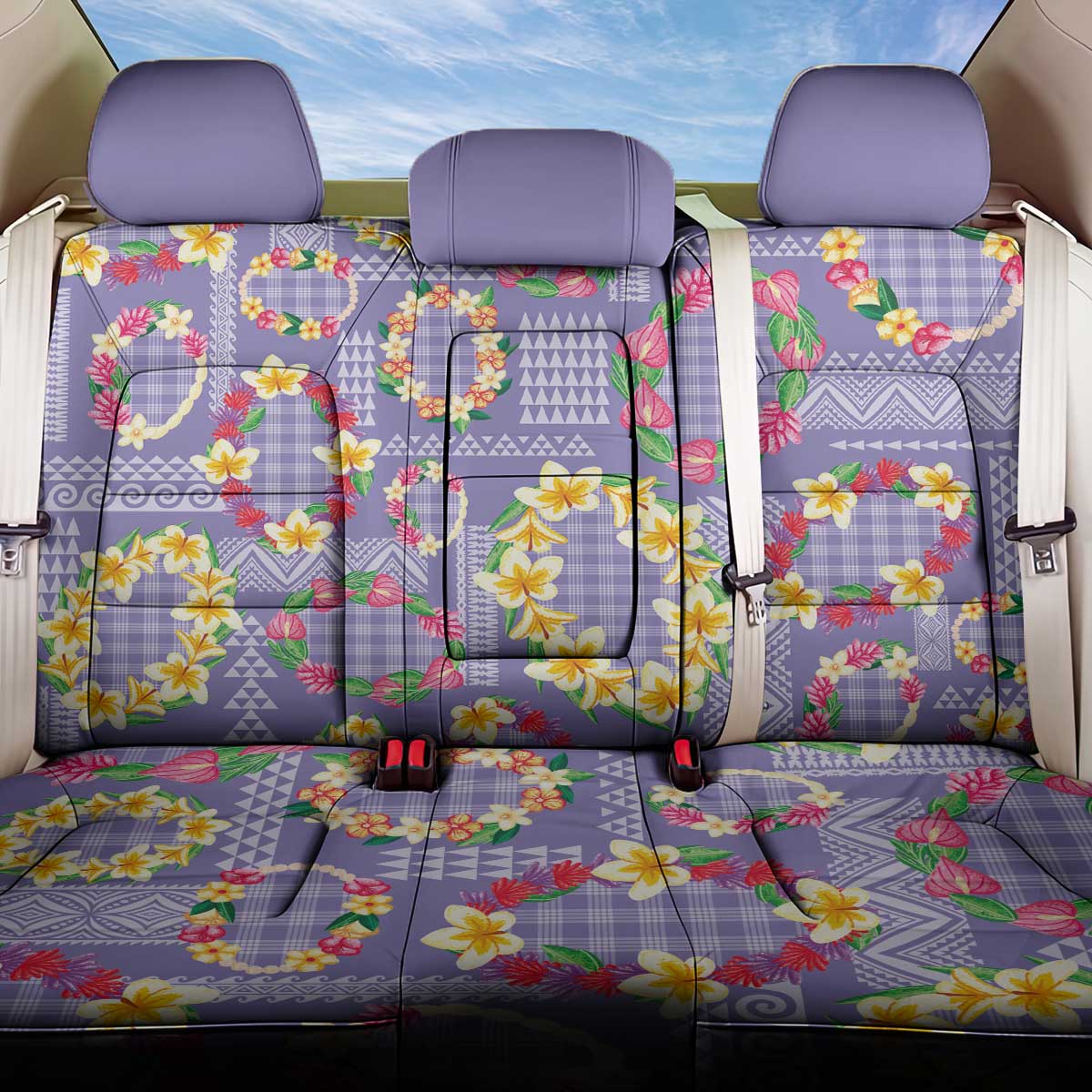 Hawaiian Leis Back Car Seat Cover Kakau Tattoos and Palaka Pastel Purple Color