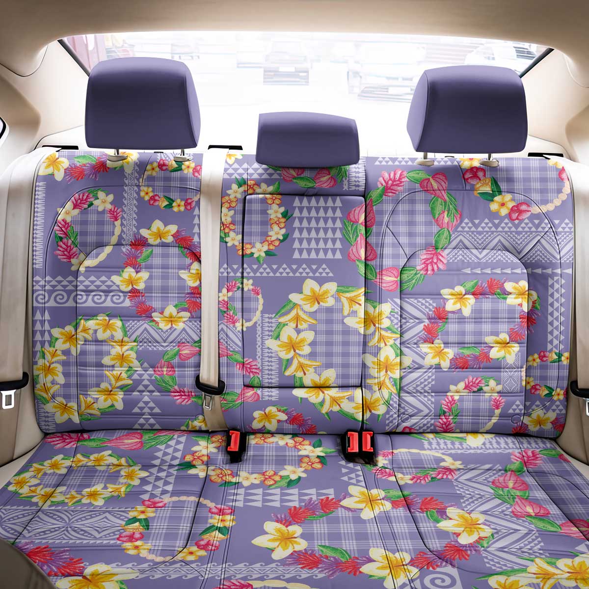 Hawaiian Leis Back Car Seat Cover Kakau Tattoos and Palaka Pastel Purple Color