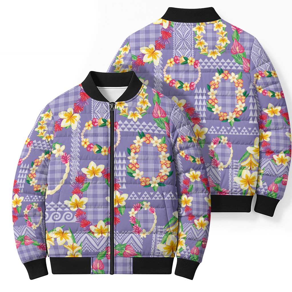 Hawaiian Leis Bomber Puffer Jacket Kakau Tattoos and Palaka Pastel Purple Color