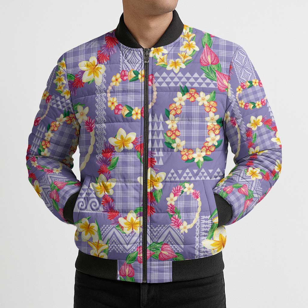 Hawaiian Leis Bomber Puffer Jacket Kakau Tattoos and Palaka Pastel Purple Color