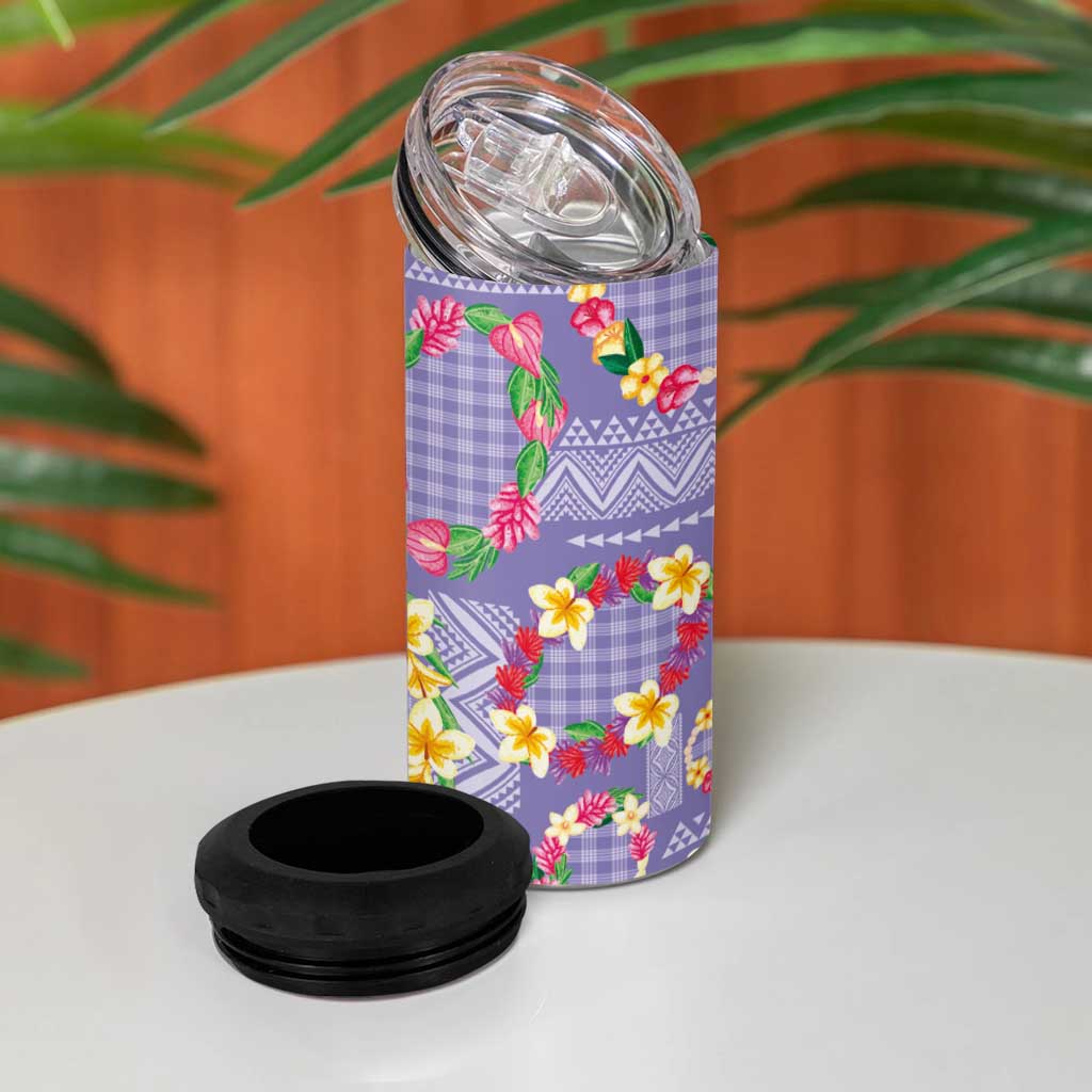 Hawaiian Leis 4 in 1 Can Cooler Tumbler Kakau Tattoos and Palaka Pastel Purple Color LT03 - Polynesian Pride