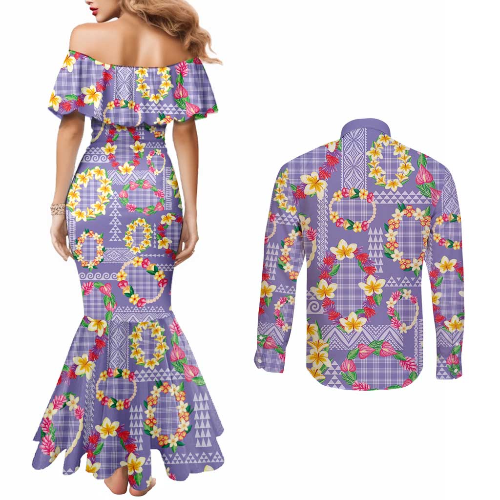 Hawaiian Leis Couples Matching Mermaid Dress and Long Sleeve Button Shirt Kakau Tattoos and Palaka Pastel Purple Color LT03 - Polynesian Pride