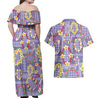 Hawaiian Leis Couples Matching Off Shoulder Maxi Dress and Hawaiian Shirt Kakau Tattoos and Palaka Pastel Purple Color LT03 - Polynesian Pride