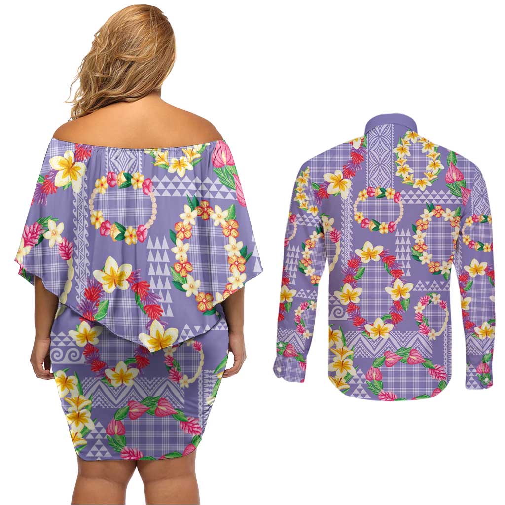 Hawaiian Leis Couples Matching Off Shoulder Short Dress and Long Sleeve Button Shirt Kakau Tattoos and Palaka Pastel Purple Color LT03 - Polynesian Pride