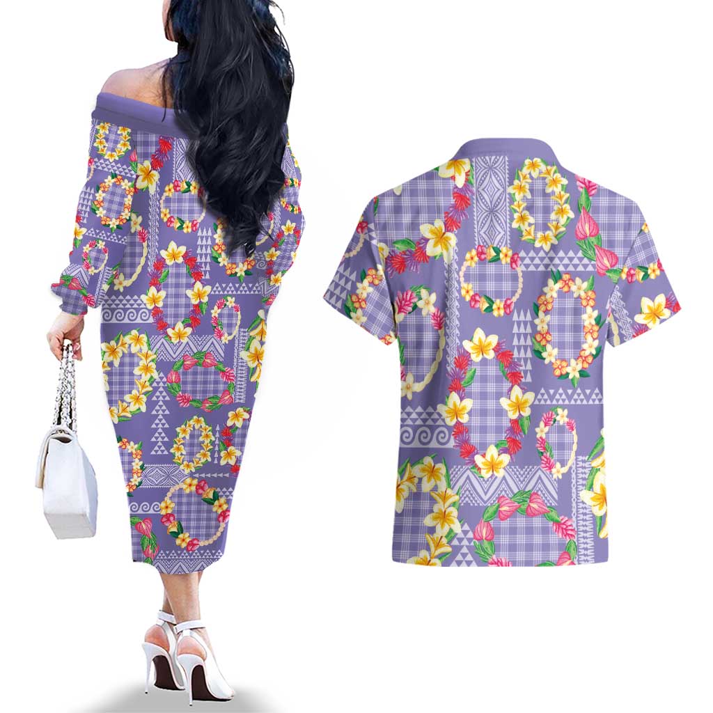 Hawaiian Leis Couples Matching Off The Shoulder Long Sleeve Dress and Hawaiian Shirt Kakau Tattoos and Palaka Pastel Purple Color LT03 - Polynesian Pride
