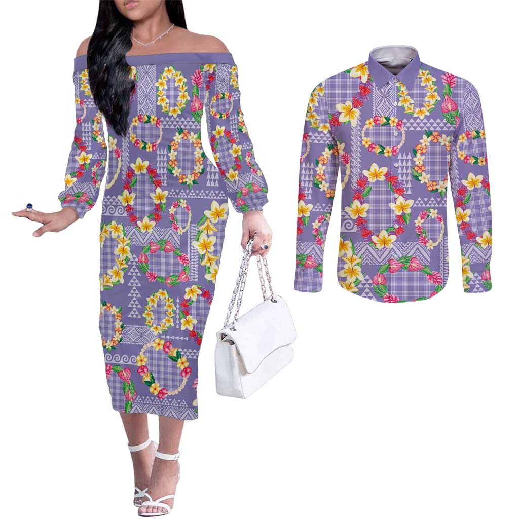 Hawaiian Leis Couples Matching Off The Shoulder Long Sleeve Dress and Long Sleeve Button Shirt Kakau Tattoos and Palaka Pastel Purple Color LT03 Purple - Polynesian Pride