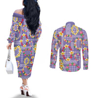Hawaiian Leis Couples Matching Off The Shoulder Long Sleeve Dress and Long Sleeve Button Shirt Kakau Tattoos and Palaka Pastel Purple Color LT03 - Polynesian Pride