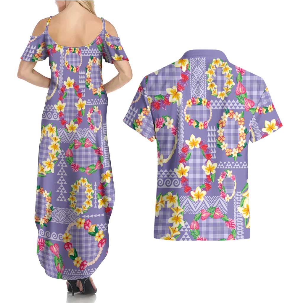 Hawaiian Leis Couples Matching Summer Maxi Dress and Hawaiian Shirt Kakau Tattoos and Palaka Pastel Purple Color LT03 - Polynesian Pride