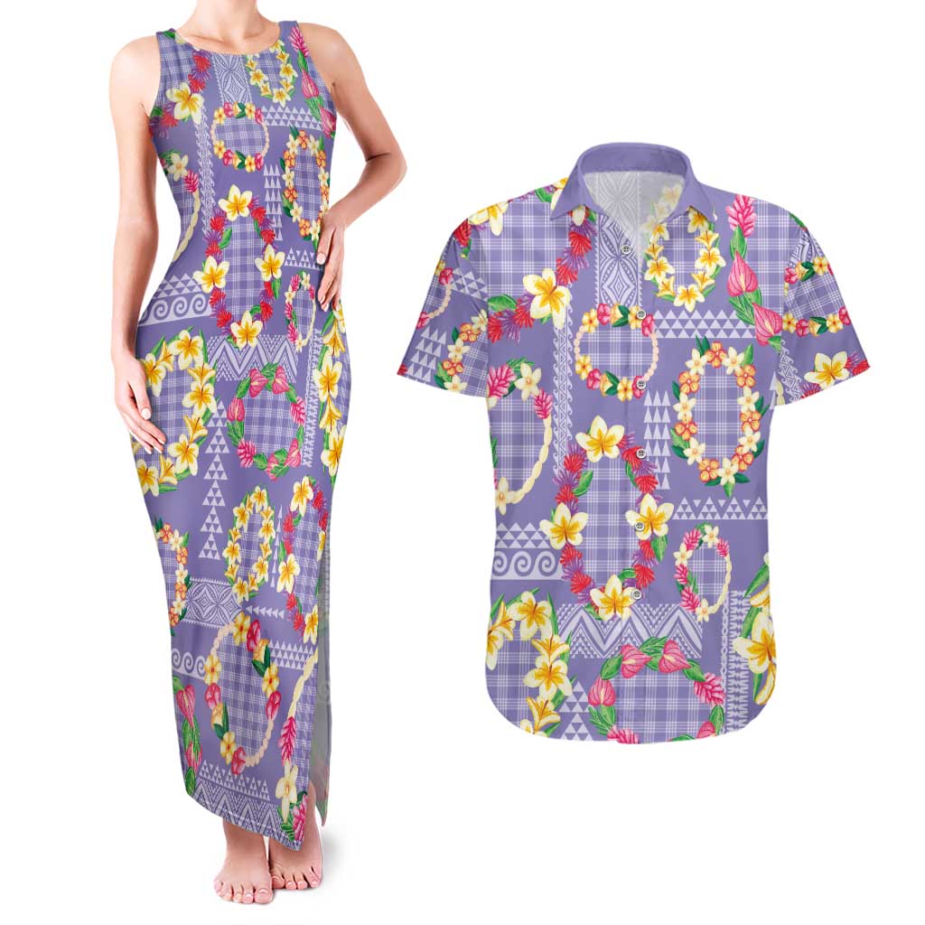 Hawaiian Leis Couples Matching Tank Maxi Dress and Hawaiian Shirt Kakau Tattoos and Palaka Pastel Purple Color
