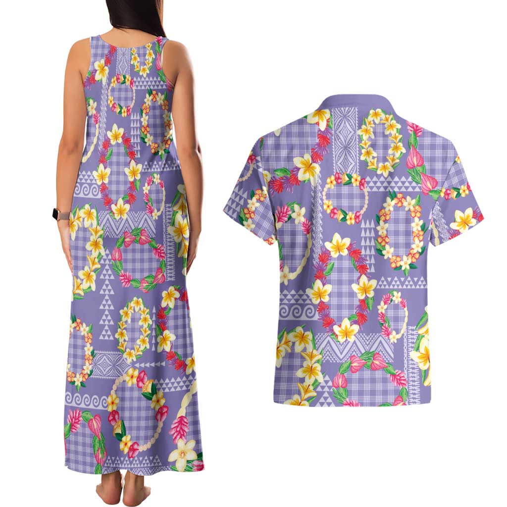 Hawaiian Leis Couples Matching Tank Maxi Dress and Hawaiian Shirt Kakau Tattoos and Palaka Pastel Purple Color LT03 - Polynesian Pride
