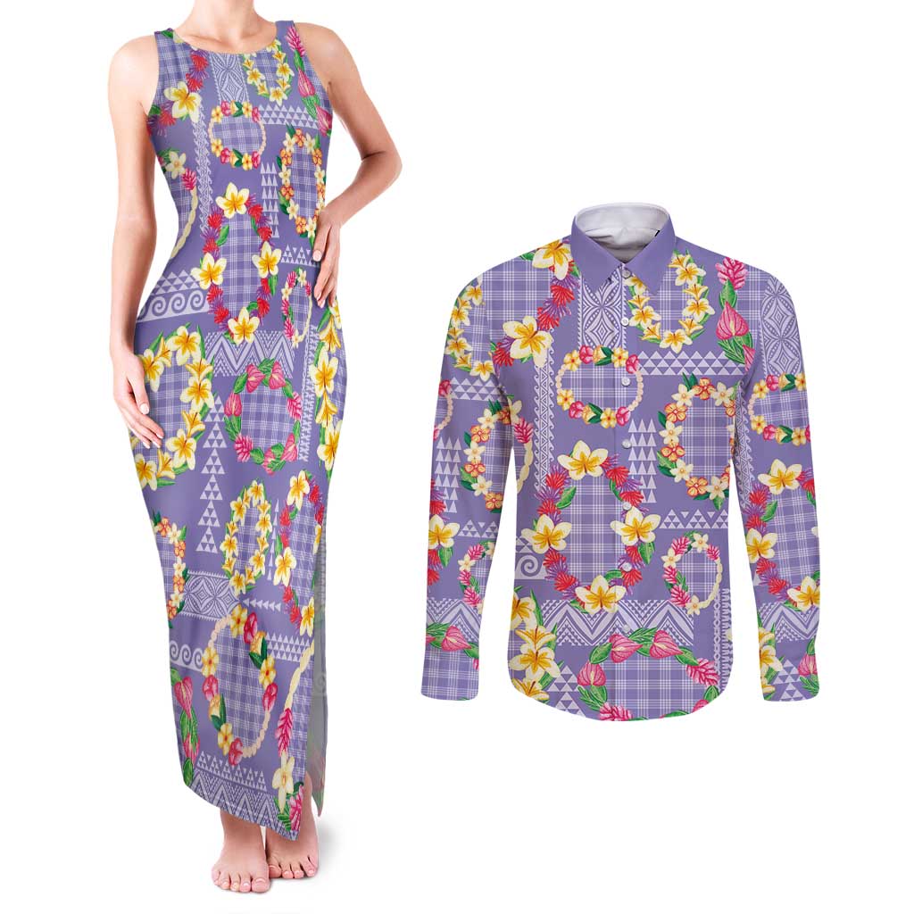 Hawaiian Leis Couples Matching Tank Maxi Dress and Long Sleeve Button Shirt Kakau Tattoos and Palaka Pastel Purple Color LT03 Purple - Polynesian Pride