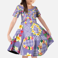 Hawaiian Leis Family Matching Long Sleeve Bodycon Dress and Hawaiian Shirt Kakau Tattoos and Palaka Pastel Purple Color LT03 Daughter's Dress Purple - Polynesian Pride