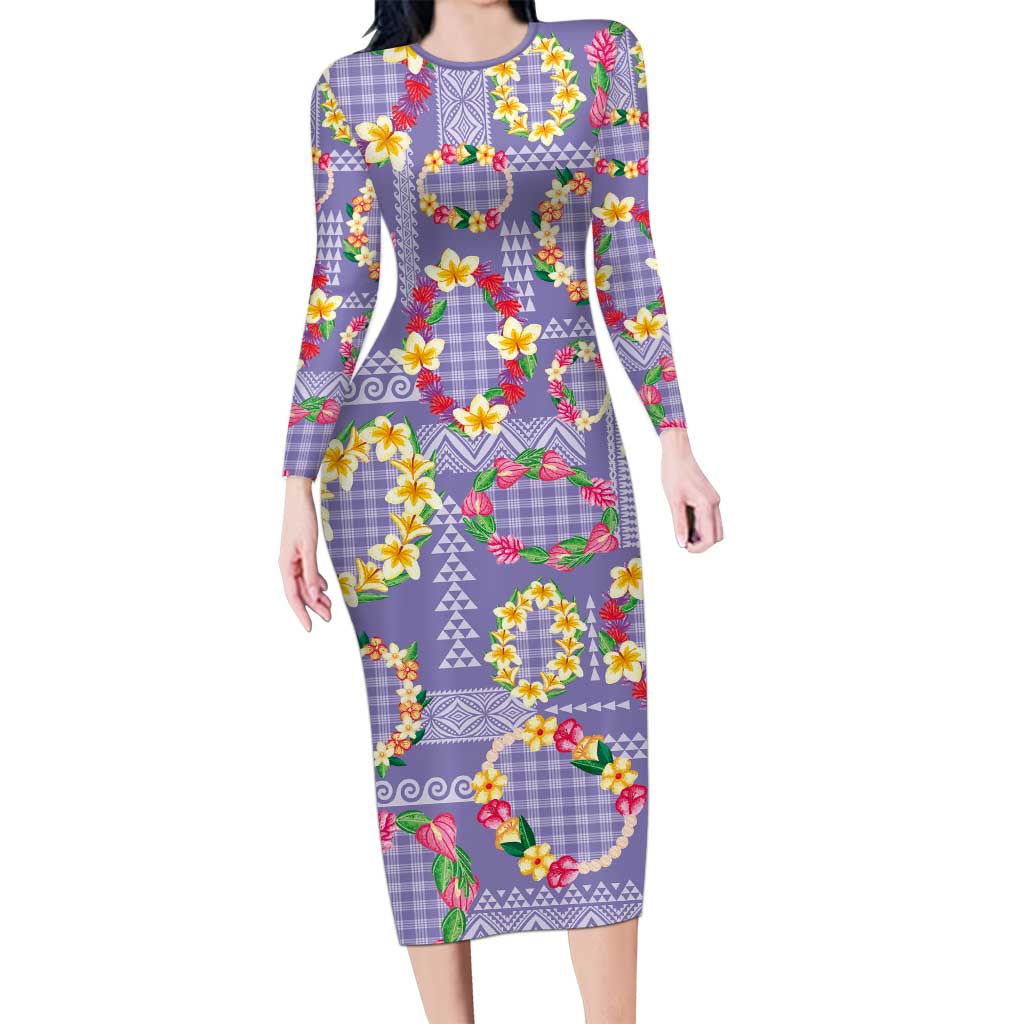 Hawaiian Leis Family Matching Long Sleeve Bodycon Dress and Hawaiian Shirt Kakau Tattoos and Palaka Pastel Purple Color LT03 Mom's Dress Purple - Polynesian Pride