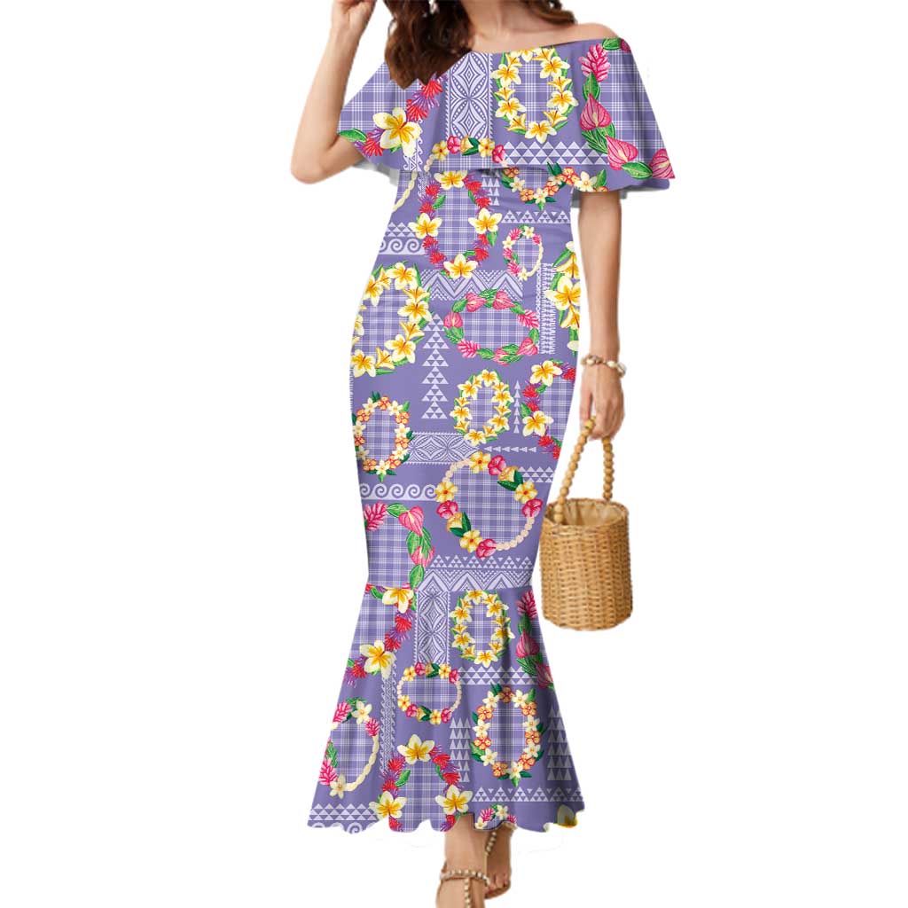 Hawaiian Leis Family Matching Mermaid Dress and Hawaiian Shirt Kakau Tattoos and Palaka Pastel Purple Color LT03 Mom's Dress Purple - Polynesian Pride