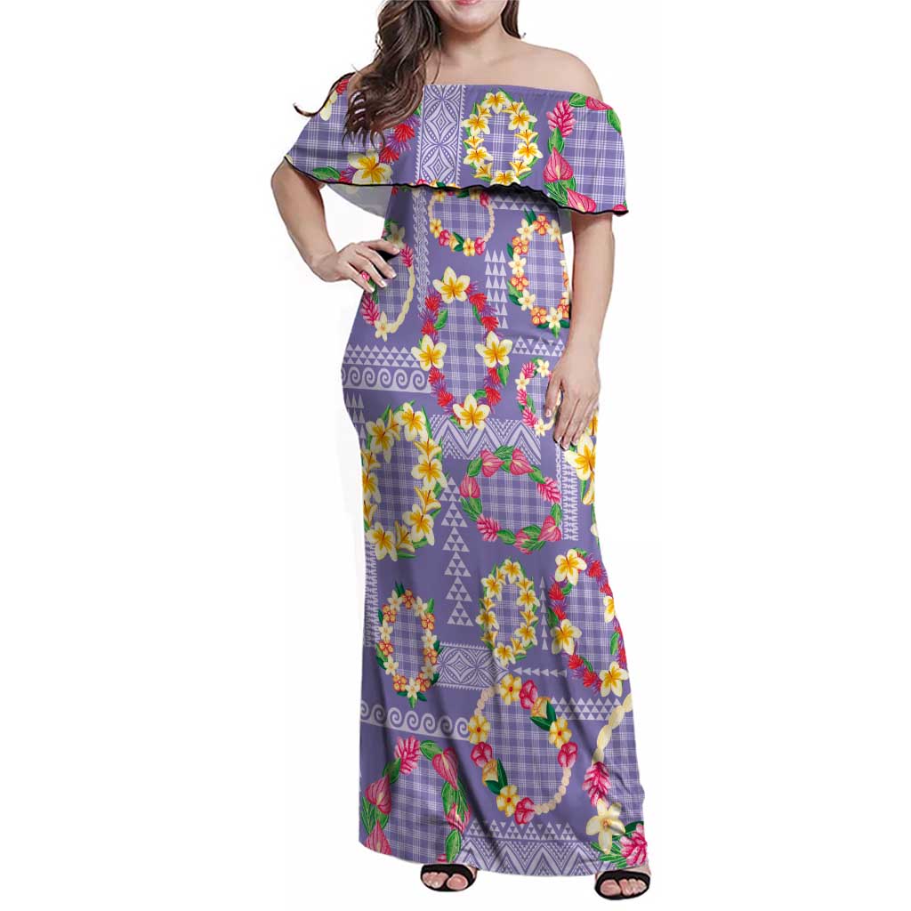 Hawaiian Leis Family Matching Off Shoulder Maxi Dress and Hawaiian Shirt Kakau Tattoos and Palaka Pastel Purple Color LT03 Mom's Dress Purple - Polynesian Pride