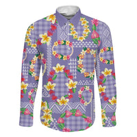 Hawaiian Leis Family Matching Off Shoulder Short Dress and Hawaiian Shirt Kakau Tattoos and Palaka Pastel Purple Color LT03 Dad's Shirt - Long Sleeve Purple - Polynesian Pride
