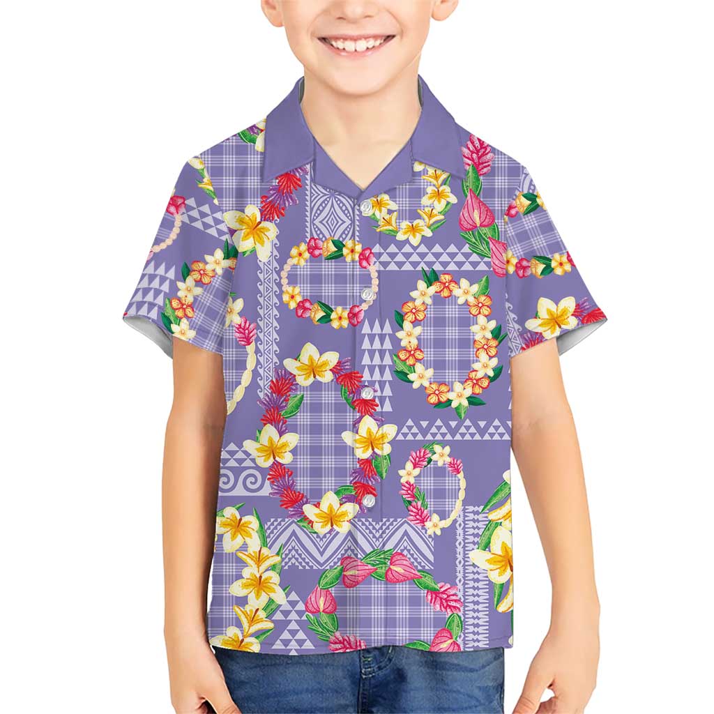Hawaiian Leis Family Matching Off Shoulder Short Dress and Hawaiian Shirt Kakau Tattoos and Palaka Pastel Purple Color LT03 Son's Shirt Purple - Polynesian Pride
