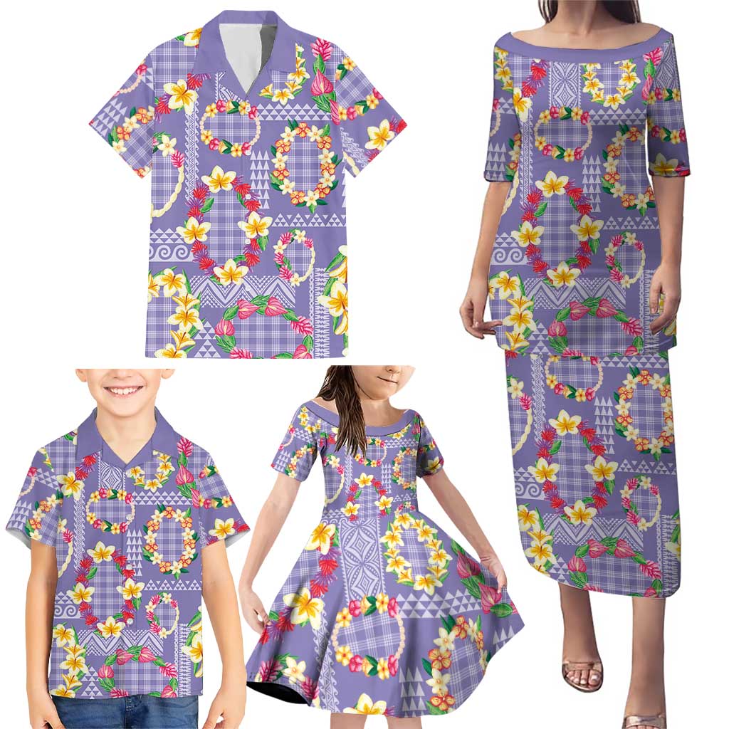 Hawaiian Leis Family Matching Puletasi and Hawaiian Shirt Kakau Tattoos and Palaka Pastel Purple Color
