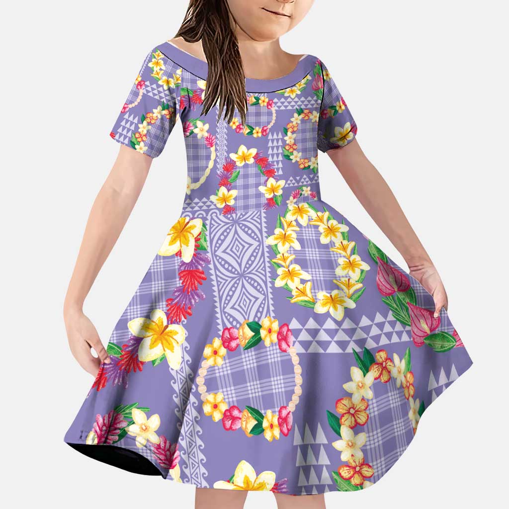 Hawaiian Leis Family Matching Short Sleeve Bodycon Dress and Hawaiian Shirt Kakau Tattoos and Palaka Pastel Purple Color LT03 Daughter's Dress Purple - Polynesian Pride