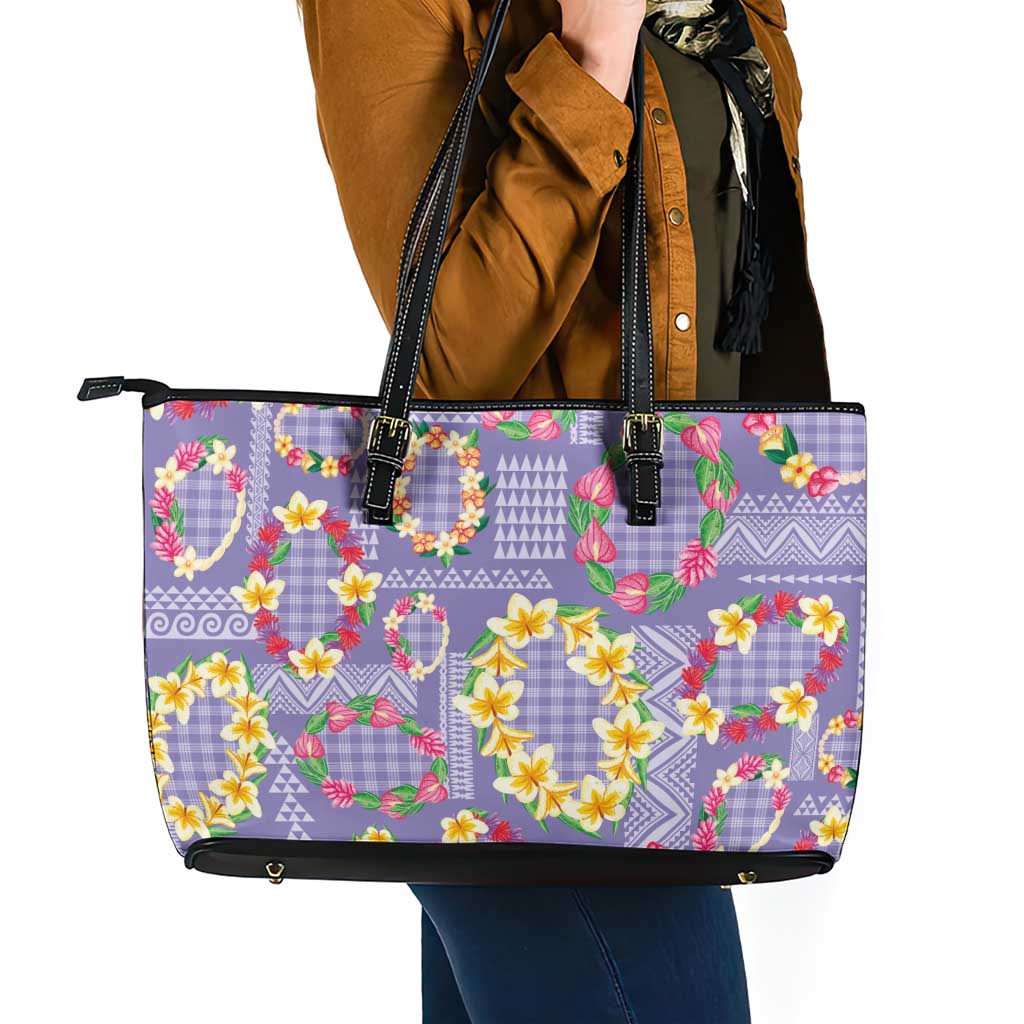 Hawaiian Leis Leather Tote Bag Kakau Tattoos and Palaka Pastel Purple Color