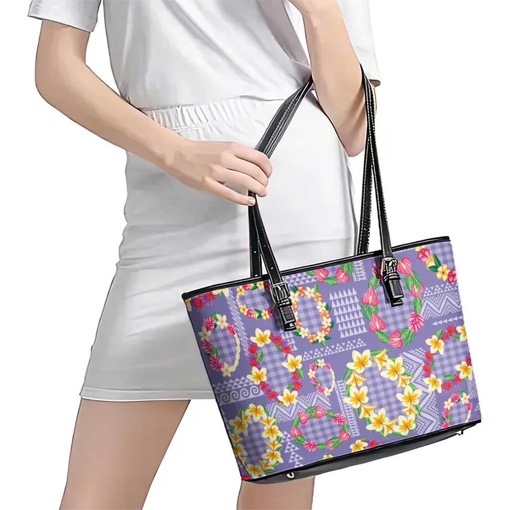Hawaiian Leis Leather Tote Bag Kakau Tattoos and Palaka Pastel Purple Color