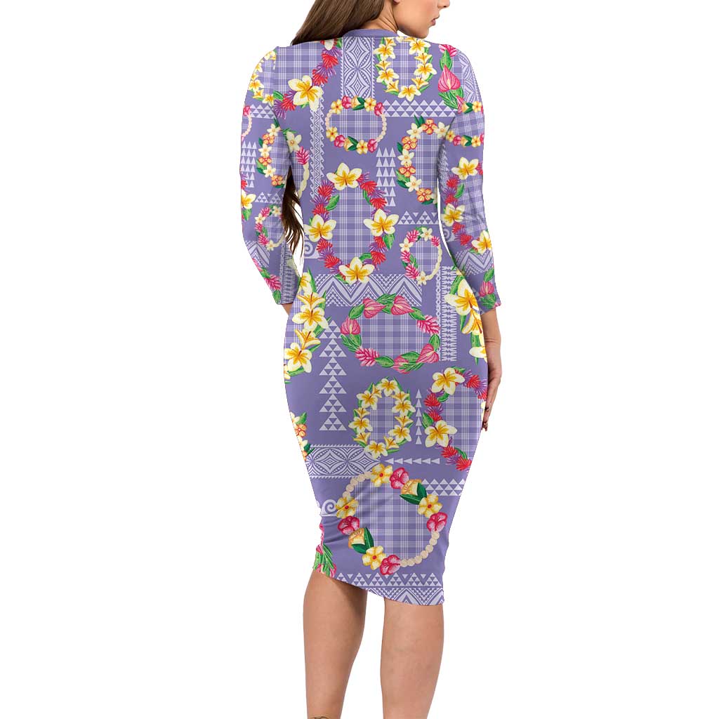 Hawaiian Leis Long Sleeve Bodycon Dress Kakau Tattoos and Palaka Pastel Purple Color