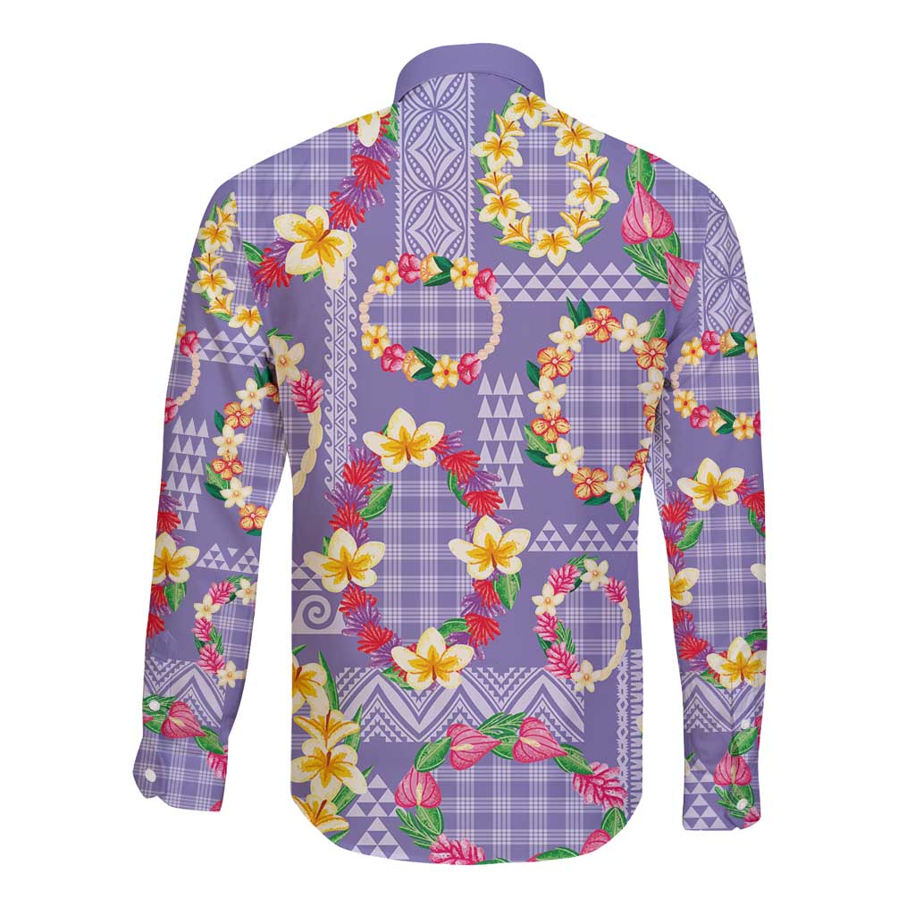 Hawaiian Leis Long Sleeve Button Shirt Kakau Tattoos and Palaka Pastel Purple Color