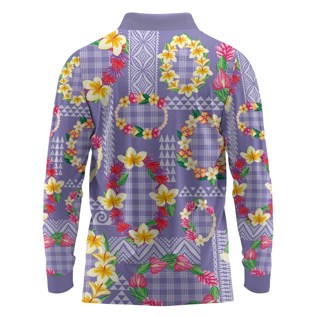 Hawaiian Leis Long Sleeve Polo Shirt Kakau Tattoos and Palaka Pastel Purple Color