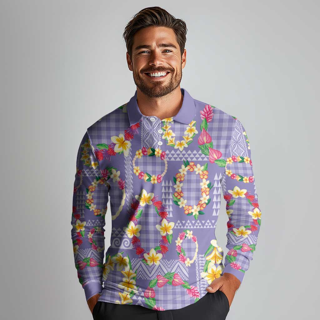 Hawaiian Leis Long Sleeve Polo Shirt Kakau Tattoos and Palaka Pastel Purple Color
