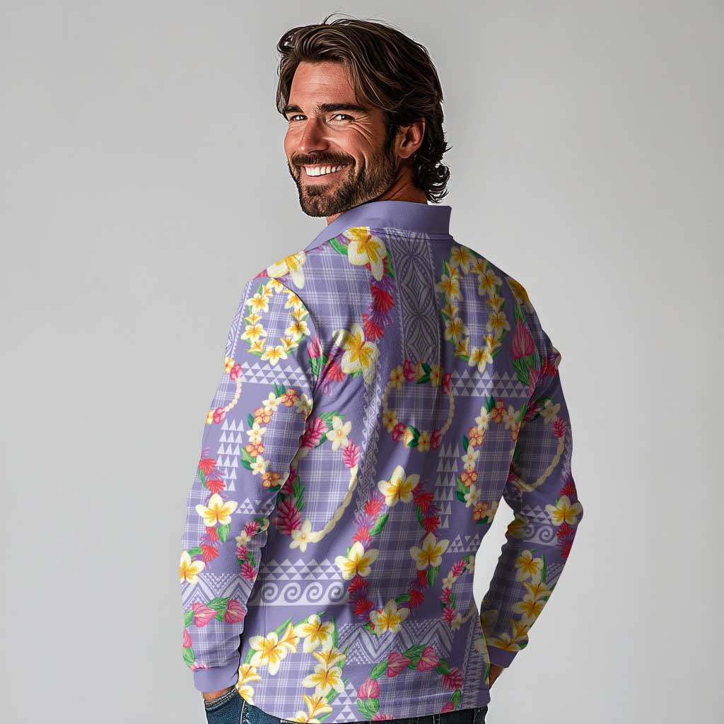 Hawaiian Leis Long Sleeve Polo Shirt Kakau Tattoos and Palaka Pastel Purple Color