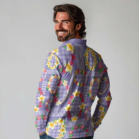 Hawaiian Leis Long Sleeve Polo Shirt Kakau Tattoos and Palaka Pastel Purple Color