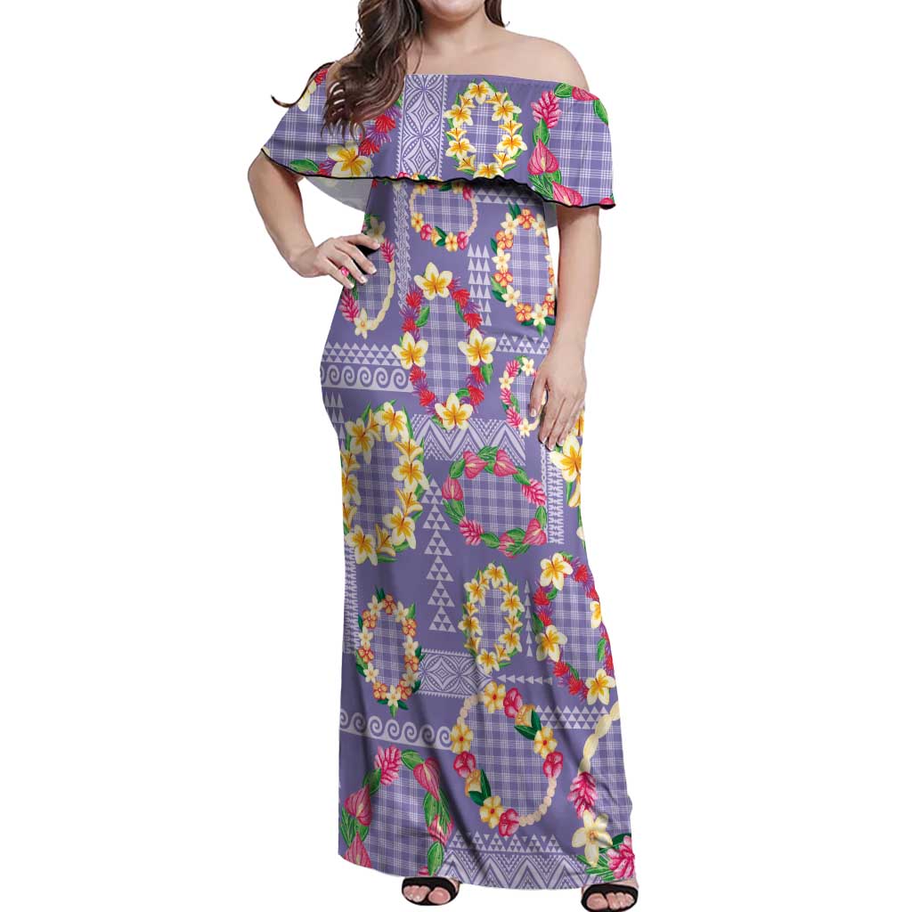 Hawaiian Leis Off Shoulder Maxi Dress Kakau Tattoos and Palaka Pastel Purple Color