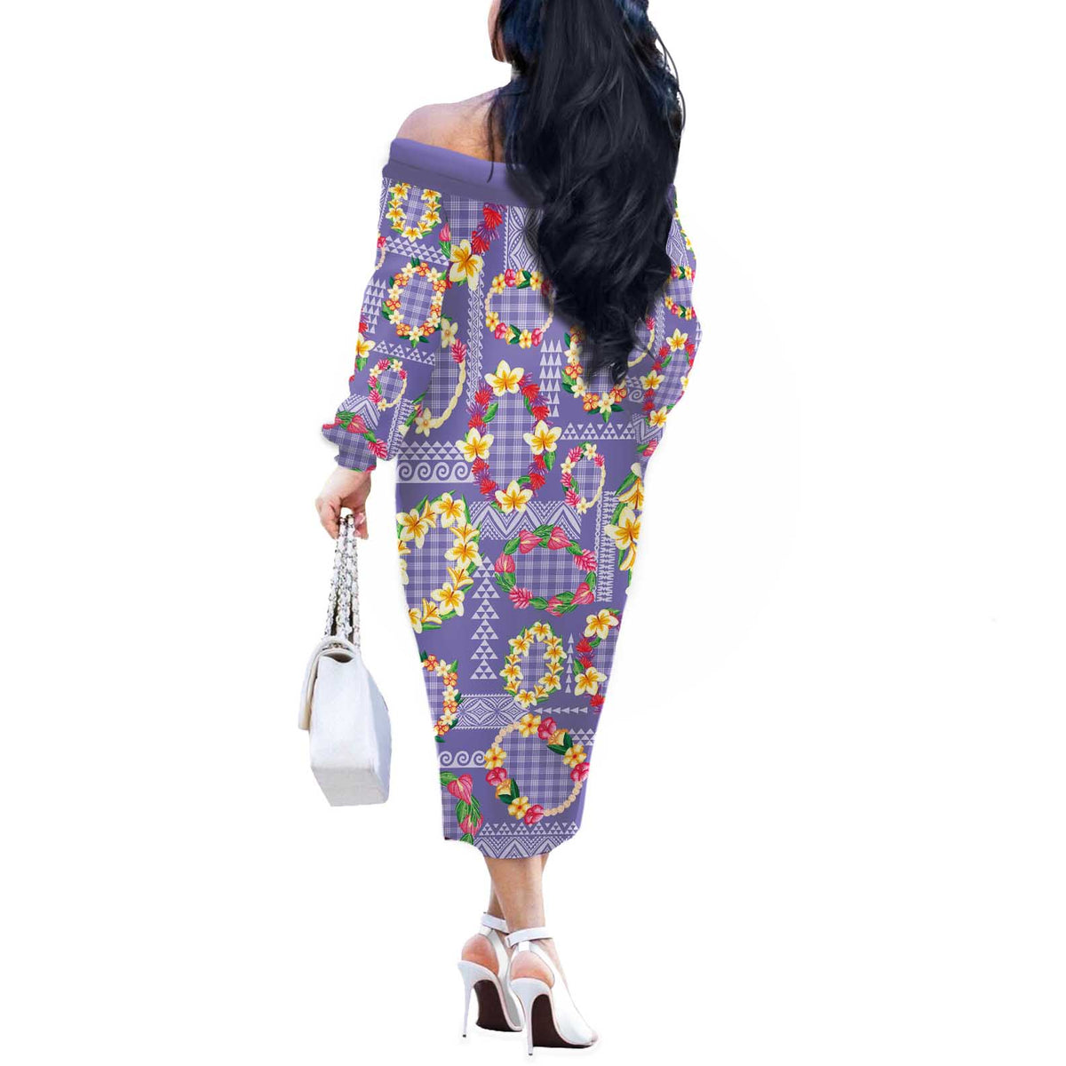 Hawaiian Leis Off The Shoulder Long Sleeve Dress Kakau Tattoos and Palaka Pastel Purple Color