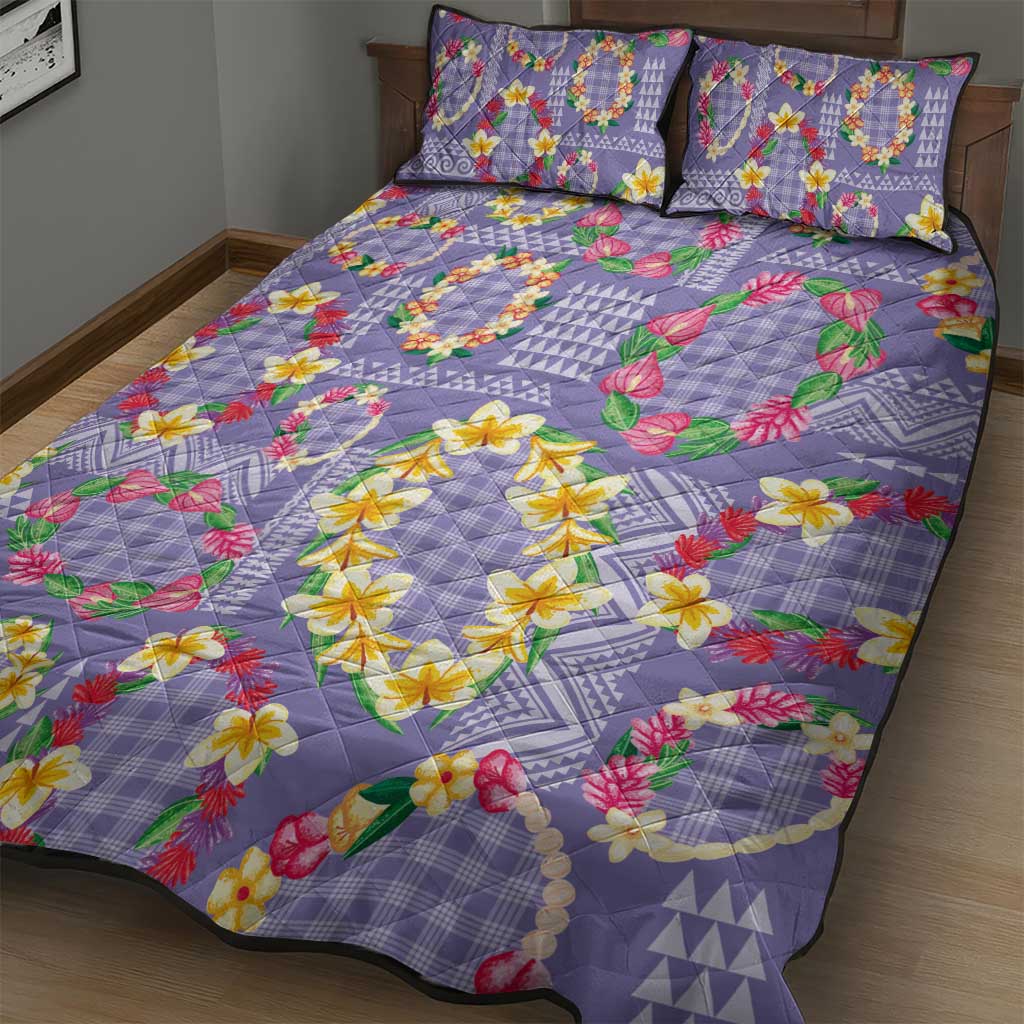 Hawaiian Leis Quilt Bed Set Kakau Tattoos and Palaka Pastel Purple Color