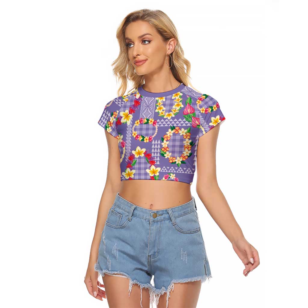 Hawaiian Leis Raglan Cropped T Shirt Kakau Tattoos and Palaka Pastel Purple Color