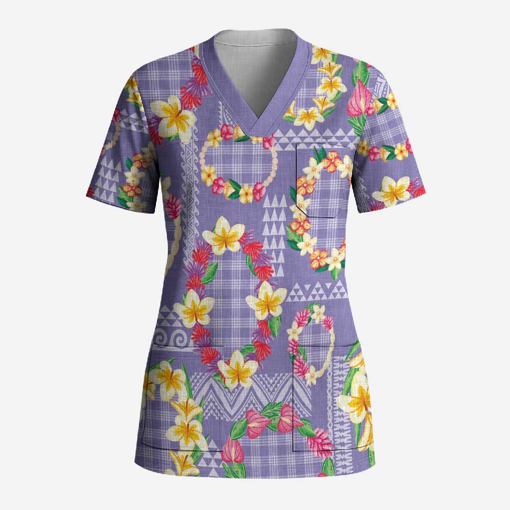 Hawaiian Leis Scrub Top Kakau Tattoos and Palaka Pastel Purple Color